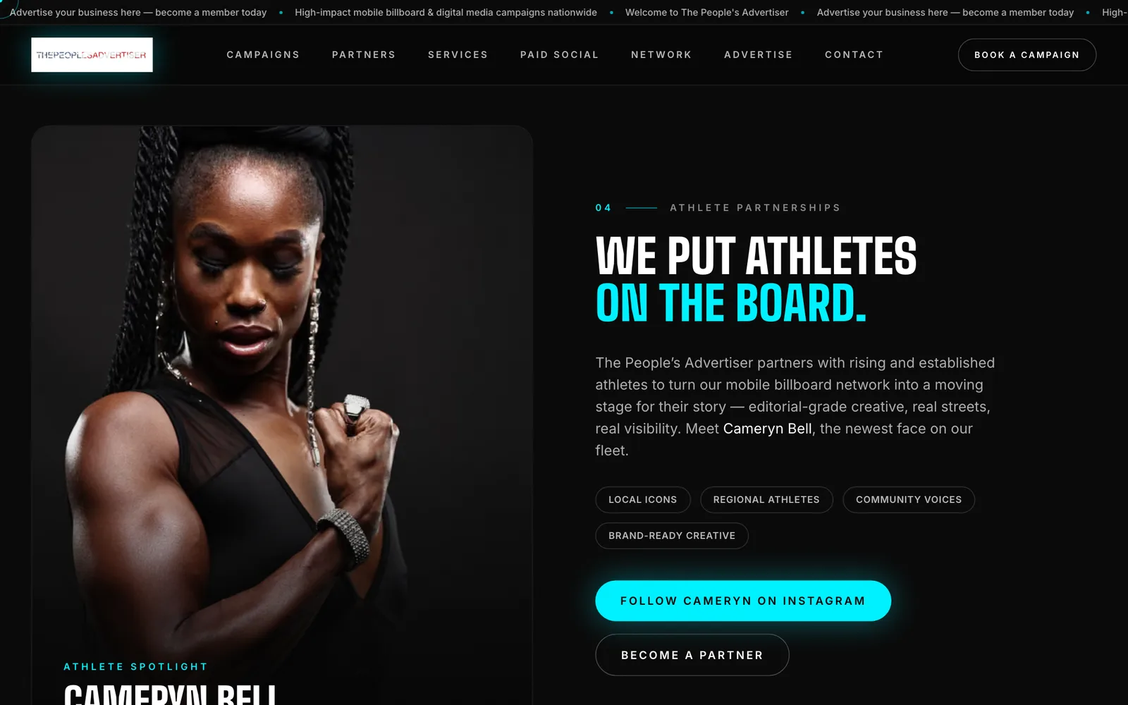 Athlete partnership section with a portrait and the heading “We put athletes on the board.”