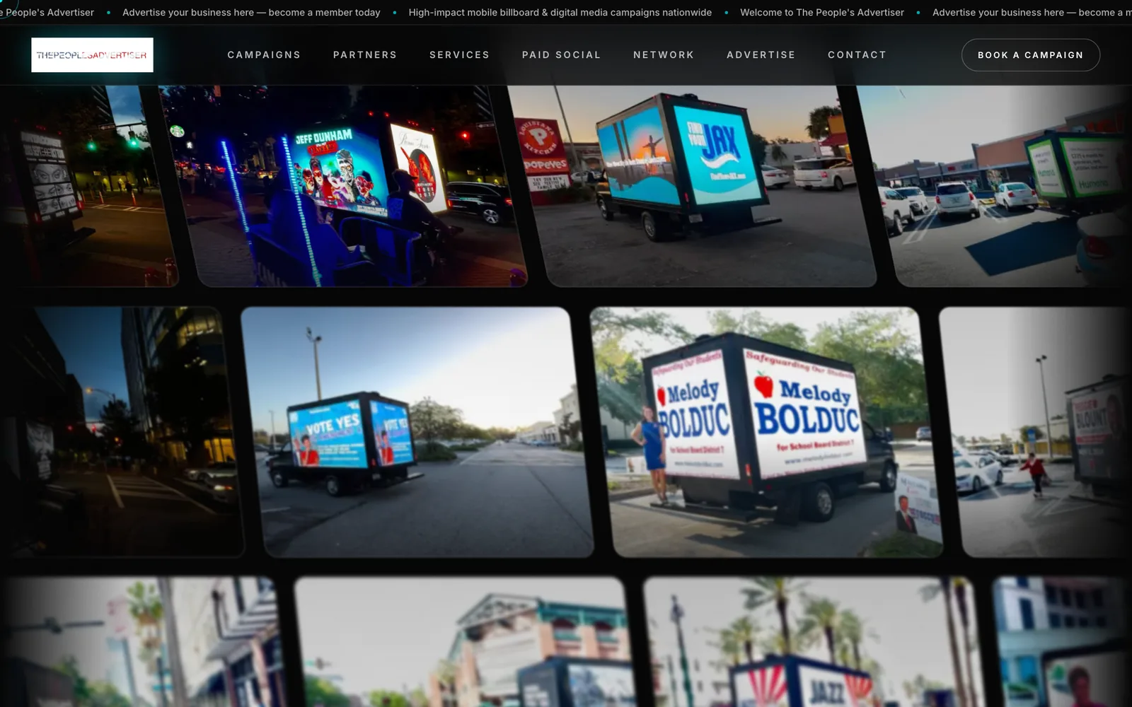 A grid of photographs of billboard trucks showing live campaigns.