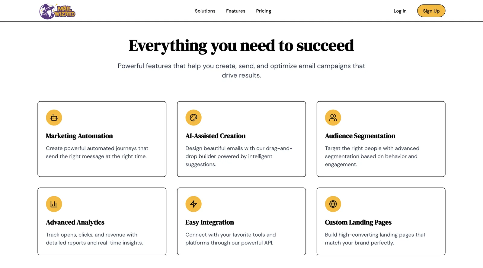 MailWizard feature grid: marketing automation, AI-assisted creation, audience segmentation, analytics, integration and landing pages.