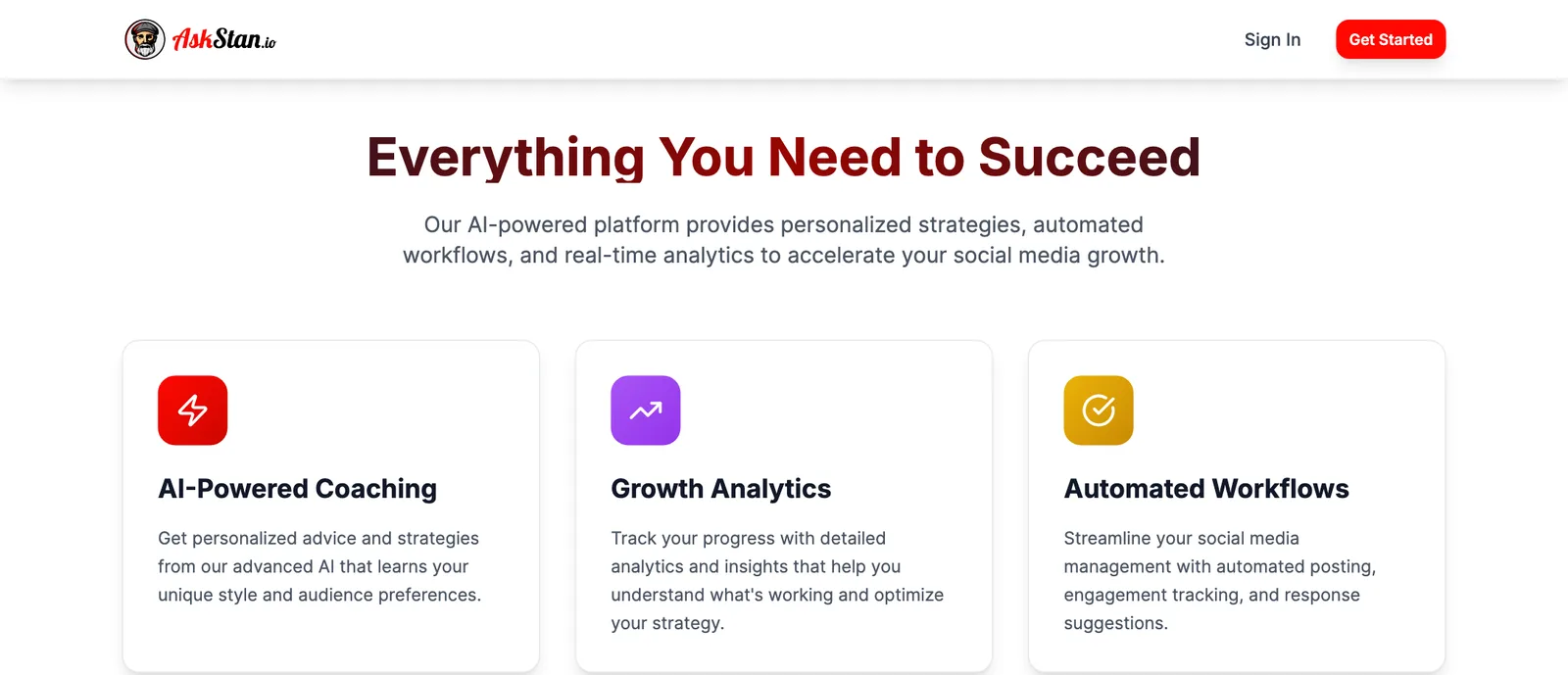 AskStan features: AI-powered coaching, growth analytics and automated workflows.