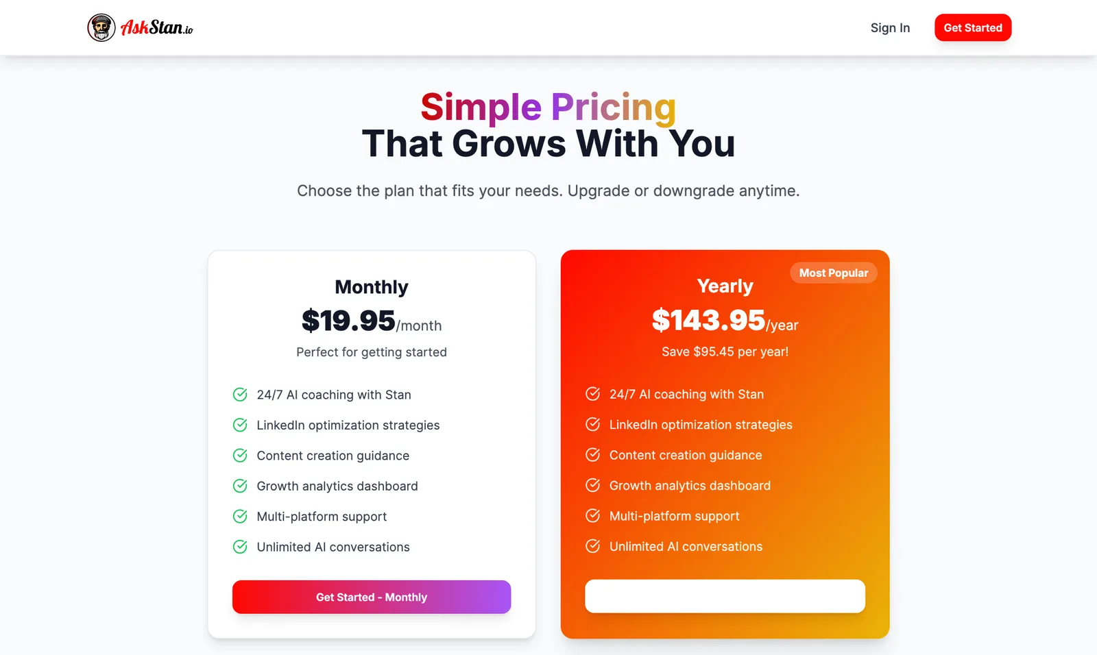 AskStan pricing with a monthly and a yearly plan.